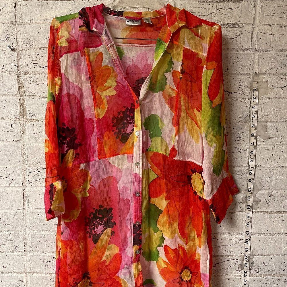 Chicos Floral Watercolor Printed Silk Sheer Button Down Blouse Size 2 (L/12)